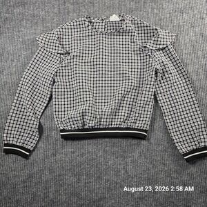 Love+Harmony Womens Black White Plaid Ruffle Shoulder Snap Back Blouse Small